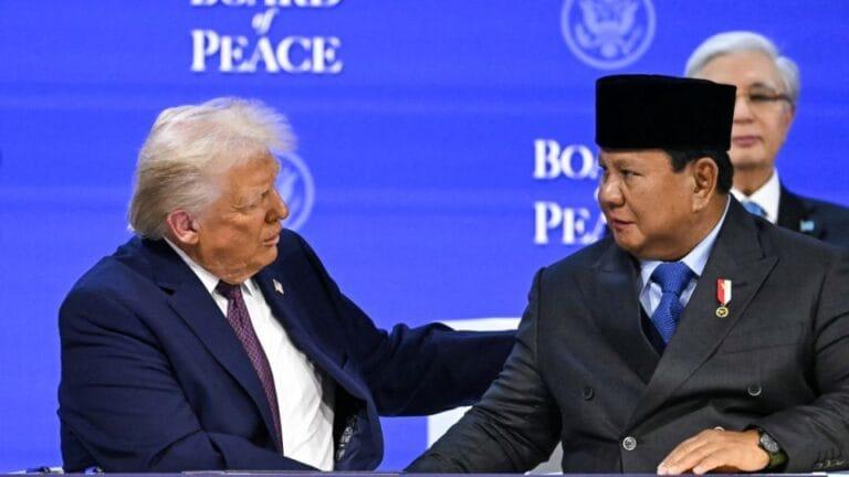 Indonesian President Prabowo to Visit Washington for Tariff Deal and Board of Peace Summit US President Donald Trump (L) shakes hands with Indonesia's President Prabowo Subianto at the "Board of Peace" meeting during the World Economic Forum annual meeting in Davos on January 22, 2026. | AFP