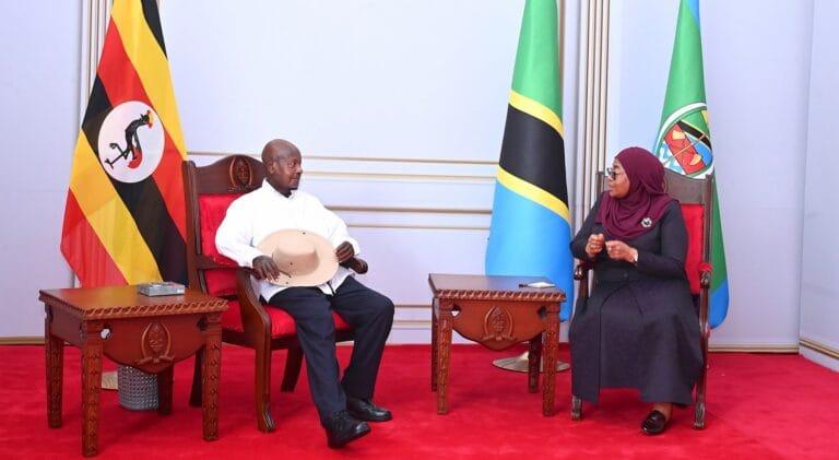 Tanzania and Uganda Presidents Hold Talks to Boost Infrastructure Cooperation and Oil Exports Ugandan President Yoweri Kaguta Museveni with Tanzania President Samia Suluhu Hassan | Tanzanian Gov. archives