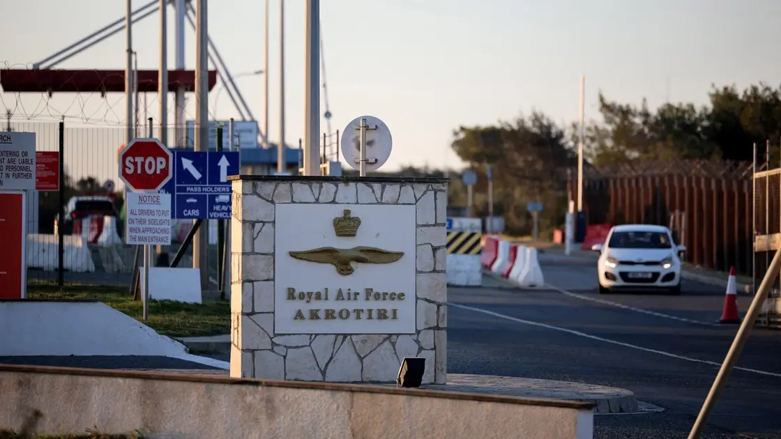UK's RAF Akrotiri Hit by Suspected Iranian-Made Drone; UK Says It Is “Not at War” The entrance of RAF Akortiri, a British Base in Cyprus, which was hit by a suspected Iranian-made Drone | REUTERS