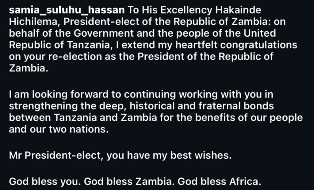 Tanzanian President Samia Congratulates Hichilema, Pledges Stronger Tanzania-Zambia Ties Tanzanian President Samia Congratulates Hichilema, Pledges Stronger Tanzania-Zambia Ties | Swahili Today