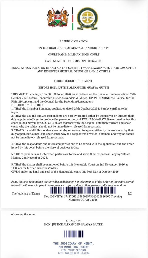 Kenya High Court Orders Police to Get Missing Tanzanian Activist Twaha Mwaipaya 'Dead or Alive' Kenya's High court decree, ordering Inspector General and others to find Tanzanian activist Twaha Mwaipaya