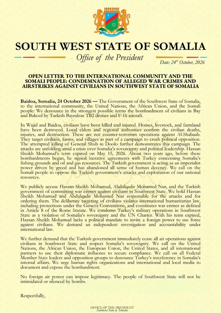 Laftagareen Accuses Türkiye of Airstrikes Against Civilians in New Somalia Appeal An Open Apppeal Letter Dated October 24 from Laftagareen Accusing Turkiye of Airstirkes Against Civilians