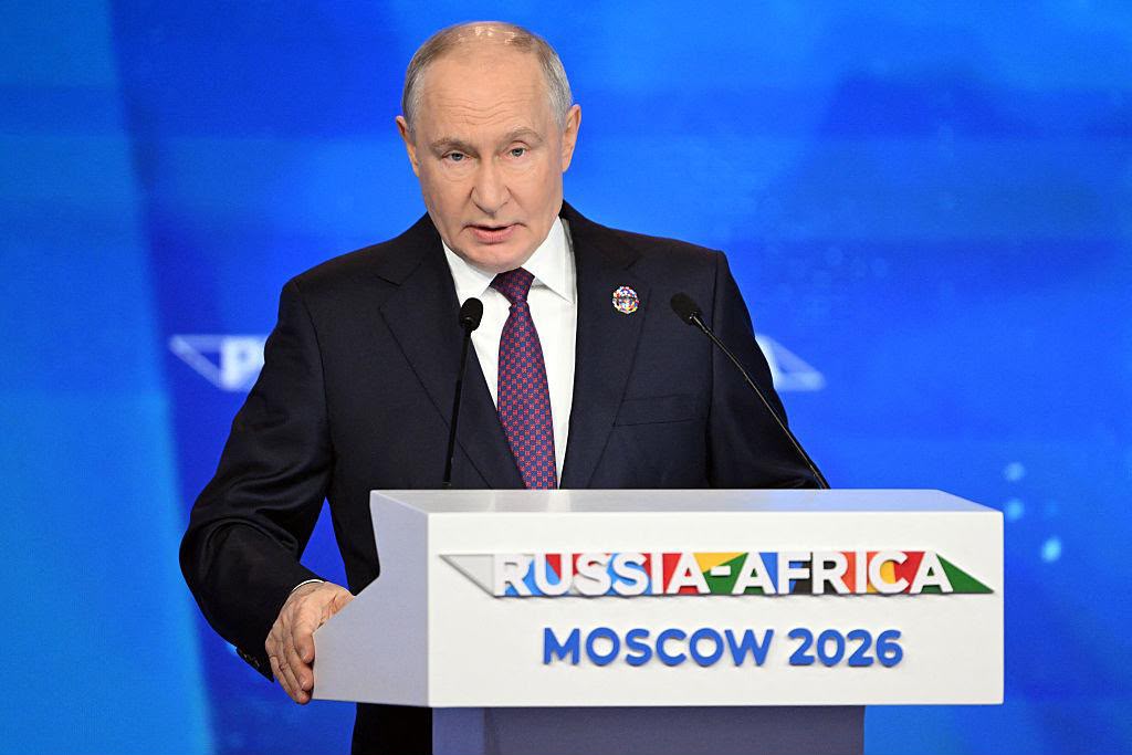 Russian President Vladimir Putin gives a speech during the Russia-Africa economic and humanitarian forum at the Gostiny Dvor conference centre in central Moscow, Russia, October 28, 2026.